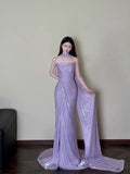 Classy Sheath Strapless Lilac Long Prom Gown Summer Wedding Guest Dress Bridal Guest Dresses Wedding Outfits For Guest With Scarf HZ1214