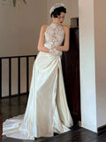 Vintage Wedding Dress A line High Neck White Satin Summer Long Wedding Dresses Bridal Gowns HZ1214
