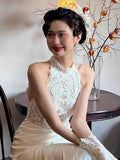 Vintage Wedding Dress A line High Neck White Satin Summer Long Wedding Dresses Bridal Gowns HZ1214