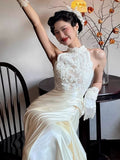 Vintage Wedding Dress A line High Neck White Satin Summer Long Wedding Dresses Bridal Gowns HZ1214