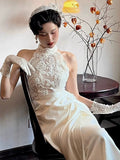 Vintage Wedding Dress A line High Neck White Satin Summer Long Wedding Dresses Bridal Gowns HZ1214