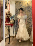 Vintage Wedding Dress Mermaid Off The Shoulder White Lace Summer Long Wedding Dresses Bridal Gowns HZ1214