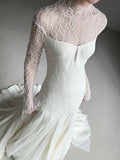 Vintage Wedding Dress Mermaid High Neck Long Sleeves White Lace Summer Long Wedding Dresses Bridal Gowns HZ1214