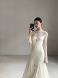 Vintage Wedding Dress Mermaid High Neck Long Sleeves White Lace Summer Long Wedding Dresses Bridal Gowns HZ1214