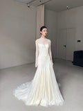 Vintage Wedding Dress Mermaid High Neck Long Sleeves White Lace Summer Long Wedding Dresses Bridal Gowns HZ1214