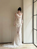 Vintage Wedding Dress Mermaid Irregular Neck White Lace Summer Long Wedding Dresses Bridal Gowns HZ1214