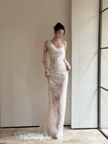 Vintage Wedding Dress Mermaid Irregular Neck White Lace Summer Long Wedding Dresses Bridal Gowns HZ1214