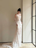 Vintage Wedding Dress Mermaid Irregular Neck White Lace Summer Long Wedding Dresses Bridal Gowns HZ1214