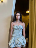 Sexy Sheath Strapless Blue Flowers Short Homecoming Dress Summer Hoco Dresses Cocktail Dress 18th Birthday Outfits HZ1214