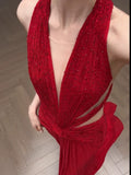 Classy A Line V Neck Red Long Prom Gown Summer Wedding Guest Dress Bridal Guest Dresses Wedding Outfits For Guest HZ1214