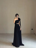 Classy A line One Shoulder Black Chiffon Long Prom Gown Summer Wedding Guest Dress Bridal Guest Dresses Wedding Outfits For Guest HZ1214