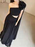 Classy A line One Shoulder Black Chiffon Long Prom Gown Summer Wedding Guest Dress Bridal Guest Dresses Wedding Outfits For Guest HZ1214