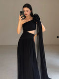 Classy A line One Shoulder Black Chiffon Long Prom Gown Summer Wedding Guest Dress Bridal Guest Dresses Wedding Outfits For Guest HZ1214