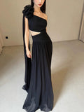 Classy A line One Shoulder Black Chiffon Long Prom Gown Summer Wedding Guest Dress Bridal Guest Dresses Wedding Outfits For Guest HZ1214