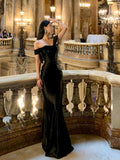 Classy Mermaid Off The Shoulder Black Satin Long Prom Dresses Party Dress Birthday Outfits Graduation Dresses HZ1214