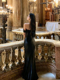 Classy Mermaid Off The Shoulder Black Satin Long Prom Dresses Party Dress Birthday Outfits Graduation Dresses HZ1214