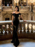 Classy Mermaid Off The Shoulder Black Satin Long Prom Dresses Party Dress Birthday Outfits Graduation Dresses HZ1214