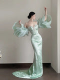 Classy Mermaid Sweetheart Mint Green Satin Long Prom Dresses Party Dress Birthday Outfits Graduation Dresses HZ1214