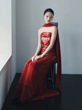 Classy Sheath Strapless Red Long Prom Gown Summer Wedding Guest Dress Bridal Guest Dresses Wedding Outfits For Guest With Scarf HZ1214