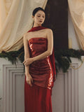 Classy Sheath Strapless Red Long Prom Gown Summer Wedding Guest Dress Bridal Guest Dresses Wedding Outfits For Guest With Scarf HZ1214