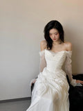 Vintage Wedding Dress Sheath Tulle White Summer Beach Long Sleeves Wedding Dresses Bridal Gowns HZ1214