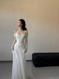 Vintage Wedding Dress Sheath Tulle White Summer Beach Long Sleeves Wedding Dresses Bridal Gowns HZ1214