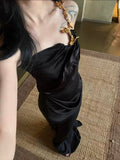 Classy Mermaid One Shoulder Black Satin Long Prom Dresses Party Dress Birthday Outfits Graduation Dresses HZ1214
