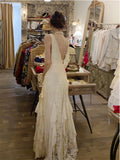 Vintage Wedding Dress A line V Neck Lace Ivory Summer Beach Long Wedding Dresses Bridal Gowns HZ1214