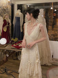 Vintage Wedding Dress A line V Neck Lace Ivory Summer Beach Long Wedding Dresses Bridal Gowns HZ1214