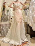 Retro Wedding Dress Mermaid Strapless Chiffon White Flowers Long Wedding Dresses Summer Brides Dress Bridal Gowns HZ1214