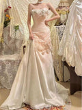Retro Wedding Dress Mermaid Strapless Chiffon White Flowers Long Wedding Dresses Summer Brides Dress Bridal Gowns HZ1214