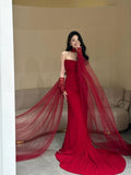 Classy Mermaid Strapless Red Long Prom Gown Summer Wedding Guest Dress Bridal Guest Dresses Wedding Outfits For Guest With Scarf HZ1214