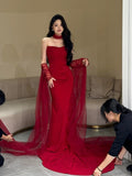 Classy Mermaid Strapless Red Long Prom Gown Summer Wedding Guest Dress Bridal Guest Dresses Wedding Outfits For Guest With Scarf HZ1214