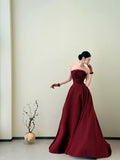 Classy Ball Gown Strapless Wine Red Long Prom Gown Summer Wedding Guest Dress Bridal Guest Dresses Wedding Outfits For Guest HZ1214