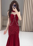 Classy Mermaid Sweetheart Red Sequin Long Prom Dresses Formal Gown Summer Wedding Guest Dresses Wedding Guest Outfit HZ1214