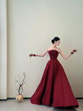 Classy Ball Gown Strapless Wine Red Long Prom Gown Summer Wedding Guest Dress Bridal Guest Dresses Wedding Outfits For Guest HZ1214