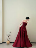 Classy Ball Gown Strapless Wine Red Long Prom Gown Summer Wedding Guest Dress Bridal Guest Dresses Wedding Outfits For Guest HZ1214
