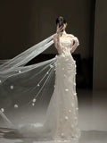 Simple Wedding Dress Mermaid Strapless White Tulle Floral Summer Beach Long Wedding Dresses Bridal Gowns HZ1214