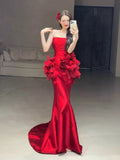 Classy Mermaid Strapless Red Floral Long Prom Gown Summer Wedding Guest Dress Bridal Guest Dresses Wedding Outfits For Guest HZ1214