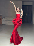 Classy Mermaid Strapless Red Floral Long Prom Gown Summer Wedding Guest Dress Bridal Guest Dresses Wedding Outfits For Guest HZ1214