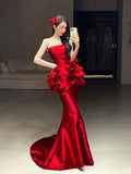 Classy Mermaid Strapless Red Floral Long Prom Gown Summer Wedding Guest Dress Bridal Guest Dresses Wedding Outfits For Guest HZ1214