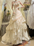 Retro Wedding Dress Mermaid Strapless Satin White Flowers Long Wedding Dresses Summer Brides Dress Bridal Gowns HZ1214