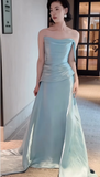 Sexy Mermaid Strapless Light Sky Blue Satin Prom Dresses Party Dress Summer 20th Birthday Outfits Birthday Dresses HZ1214