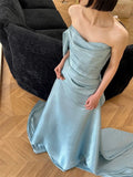 Sexy Mermaid Strapless Light Sky Blue Satin Prom Dresses Party Dress Summer 20th Birthday Outfits Birthday Dresses HZ1214
