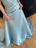Sexy Mermaid Strapless Light Sky Blue Satin Prom Dresses Party Dress Summer 20th Birthday Outfits Birthday Dresses HZ1214