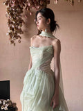 Modest A line Strapless Mint Green Long Prom Gown Summer Wedding Guest Dress With Scarf Bridal Guest Dresses Wedding Outfits For Guest HZ1214