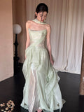 Modest A line Strapless Mint Green Long Prom Gown Summer Wedding Guest Dress With Scarf Bridal Guest Dresses Wedding Outfits For Guest HZ1214