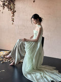 Modest A line Strapless Mint Green Long Prom Gown Summer Wedding Guest Dress With Scarf Bridal Guest Dresses Wedding Outfits For Guest HZ1214