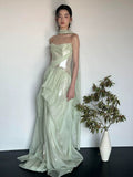 Modest A line Strapless Mint Green Long Prom Gown Summer Wedding Guest Dress With Scarf Bridal Guest Dresses Wedding Outfits For Guest HZ1214
