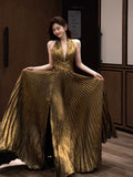 Modest A line Halter Slit Long Prom Gown Summer Wedding Guest Dress Bridal Guest Dresses Wedding Outfits For Guest HZ1214